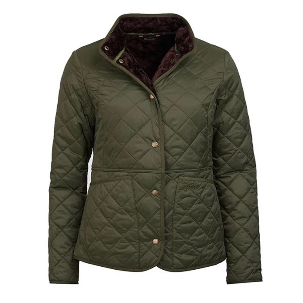 Barbour Olive Green Quilted Jacket with Brown Lining